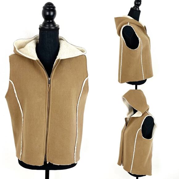 Lauren Ralph Lauren LRL Hooded Vest Sherpa Fleece Full Zip Tan Cream Large - Picture 1 of 9